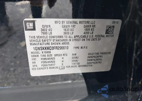 2015 Chevrolet Suburban 1500 Ltz z USA, uszkodzony, nr VIN 1GNSKKKC0FR296610